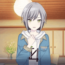 a girl with gray hair and green eyes is wearing a blue jacket and a white shirt with the letter z on it