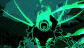 a green and black drawing of a robot with wings