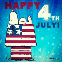 a happy 4th of july greeting card with snoopy in a house