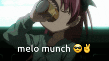 a girl drinking from a can with the words " melo munch " below her