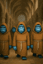 a group of blue monkeys wearing brown robes