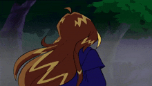 a cartoon drawing of a girl with long brown hair and a purple shirt