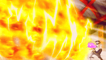 a cartoon character standing in front of a large fire