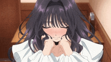 a girl with purple hair and a white shirt is smiling with her eyes closed