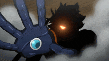 a robotic hand with a blue eye is reaching out towards someone