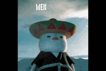 a stuffed chicken wearing a sombrero and a black shirt with the word wen on it