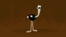 a cartoon ostrich is standing on its hind legs and holding its head .