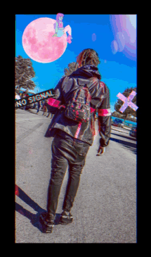 a person walking down a street with a pink moon in the background and a sign that says ' survival ' on it
