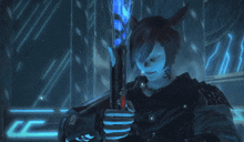 a person holding a sword in front of a sign that says " lc "