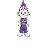 a colorado rockies mascot wearing a party hat and shorts