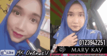 a woman wearing a blue hijab is holding a red lipstick and has the number 0123942255 on her phone