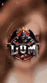 a logo for a video game called dom with a demon on it
