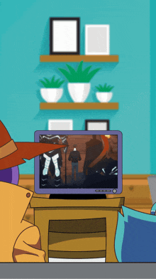 a cartoon illustration of a man watching a tv show