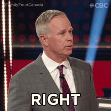 a man in a suit and tie has the word right written on his chest