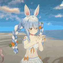 a cartoon girl with bunny ears and braids is smiling on a beach