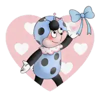 a ladybug with a blue bow is standing in front of a pink heart