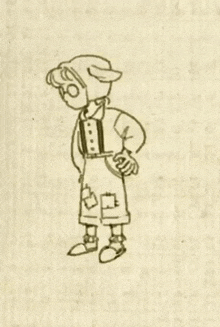 a black and white drawing of a sheep wearing a hat and overalls