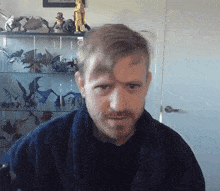 a man with a beard is standing in front of a display case with dragon figurines on it