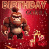 a gorilla is standing in front of a red background with the words `` birthday gorilla '' .