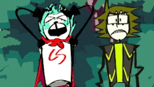 two cartoon characters are standing next to each other and one has a s on his shirt