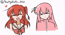 a drawing of a girl with red hair and a drawing of a girl with pink hair and the name nattydodo 002