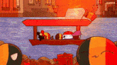 a cartoon drawing of a boat with a luma sign in the background