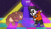 a cartoon of a bear and a skeleton dancing in a disco