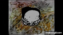 a black and white drawing of a cartoon character 's face with a very large mouth and teeth .