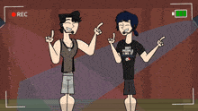 two cartoon characters are standing next to each other with the rec button in the corner
