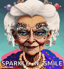 a cartoon of an elderly woman with rhinestones on her face and a necklace .