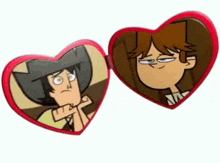 a heart shaped mirror with two pictures of cartoon characters on it .
