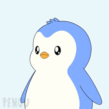a penguin with the word stop behind him