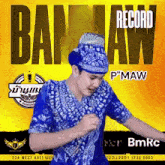 a man in a blue shirt is dancing in front of a yellow background .
