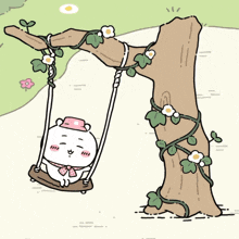 a cartoon drawing of a bear sitting on a swing under a tree
