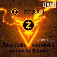 a zcash logo with a lightning bolt and the words zero coin network written by bitcoin
