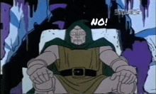 a cartoon character is sitting in a chair with the word no on the bottom