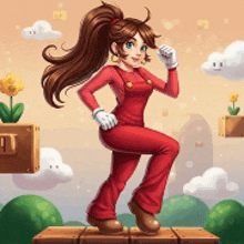 a girl in red overalls is standing on a box