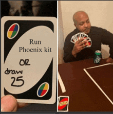 a person holding a card that says run phoenix kit