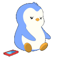 a cartoon penguin is sitting next to a red cell phone