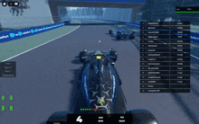 a screenshot of a video game showing a race car going around a track