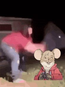 a cartoon mouse is taking a picture of a man in a red shirt