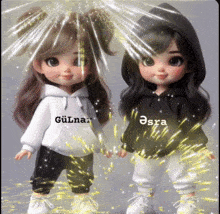 two dolls standing next to each other with one wearing a hoodie that says gulnar