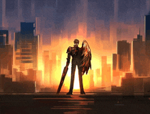 a painting of a man with wings holding a sword in front of a city
