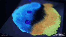 a made in animotica video of a blue and yellow painting