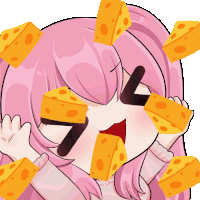 a girl with pink hair is surrounded by cheese pieces