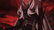 a girl with white hair and red eyes is standing in a dark room