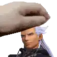 a pixel art of a man 's head with a hand on it .
