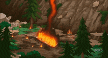 a cartoon explosion in the middle of a forest with trees in the background .