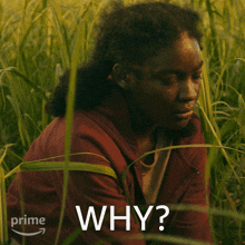 a woman in a red jacket is sitting in a field of tall grass with the words why below her