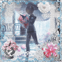 a picture of a man holding an umbrella and a bouquet of flowers has the word picmix on it